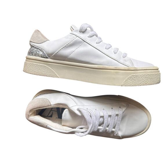 ZARA Basic Faux Leather Glitter Sneaker White Sz 36 (US 6) - Picture 2 of 6